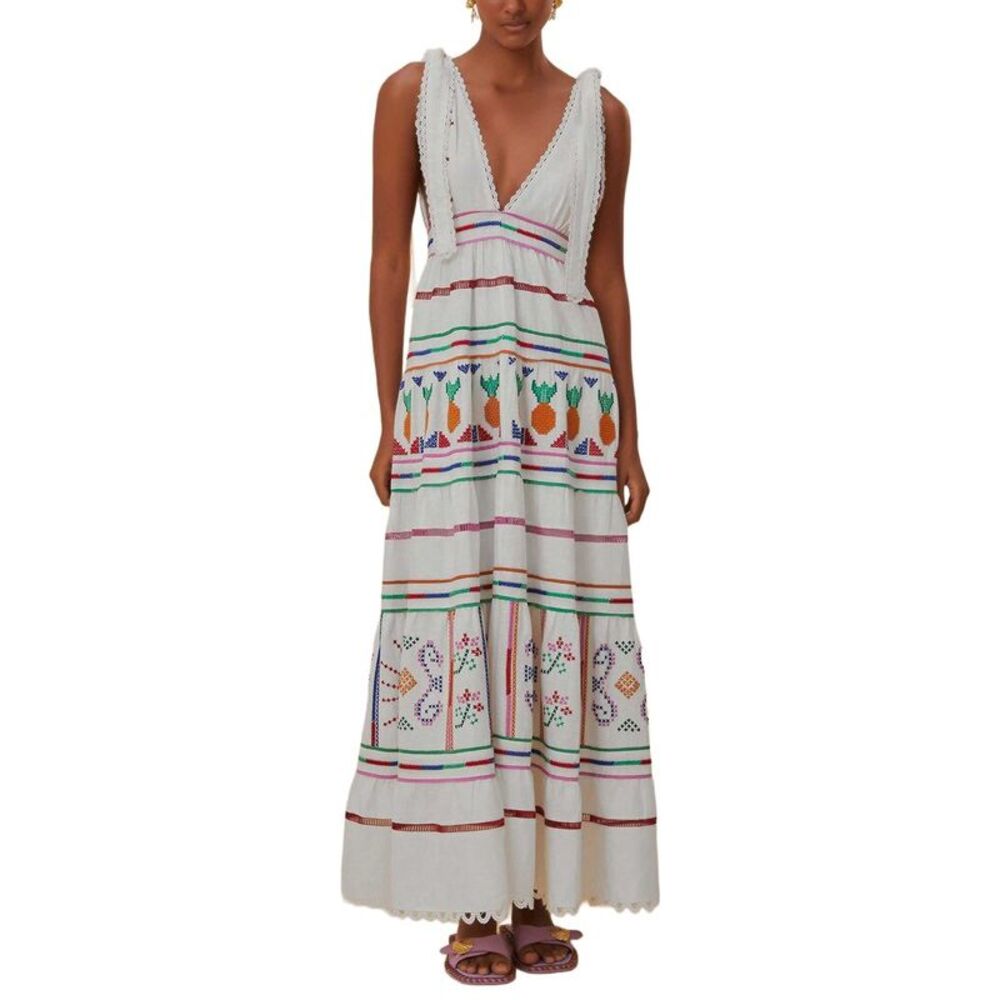 Farm Rio Womens  Linen-Blend Off-White Embroidered Maxi Dress
